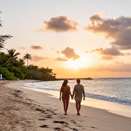 Caribbean Holidays, October Honeymoons, Couple walking hand in hand along a quiet golden beach in Saint Kitts at sunset, Caribbean honeymoon scenery