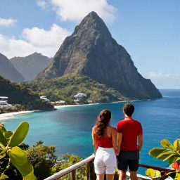 Caribbean Holidays, October Honeymoons, Dramatic view of the Pitons rising above the blue sea, with a couple looking out from a scenic viewpoint in Saint Lucia
