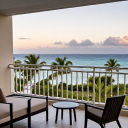 Caribbean Holidays, October Honeymoons, Elegant honeymoon resort balcony overlooking a calm Bahamian sea with tropical greenery and soft evening light
