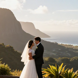 Caribbean Holidays, October Honeymoons, Happy newlywed couple on a scenic Montserrat viewpoint overlooking the Caribbean Sea, lush hills and soft morning light