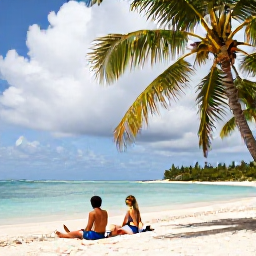 Caribbean Holidays, October Honeymoons, Happy newlywed couple relaxing on a Caribbean beach with palm trees, soft clouds and clear blue water, realistic travel photograph