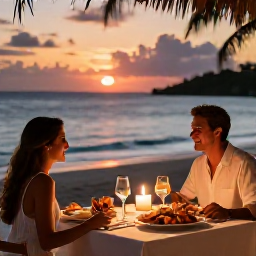 Caribbean Holidays, October Honeymoons, Honeymoon couple dining at an elegant waterfront restaurant in Grand Case, candlelit table, fresh seafood and sunset over the Caribbean