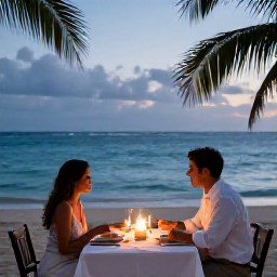 Caribbean Holidays, October Honeymoons, Honeymoon couple enjoying a candlelit dinner beside the Caribbean sea, tropical evening, gentle breeze and relaxed October atmosphere