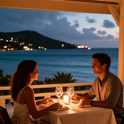 Caribbean Holidays, October Honeymoons, Newlywed couple enjoying a candlelit dinner at an elegant seaside restaurant in Gustavia, Saint Barth&eacute;lemy