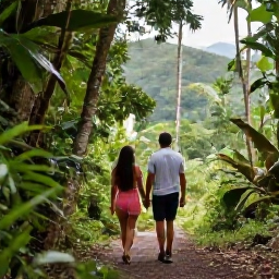 Caribbean Holidays, October Honeymoons, Newlywed couple exploring rainforest trail beneath Mount Liamuiga in Saint Kitts, lush tropical landscape
