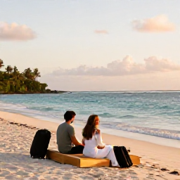 Caribbean Holidays, October Honeymoons, Newlywed couple relaxing on a Tobago beach with luggage nearby, warm evening light and a peaceful Caribbean atmosphere