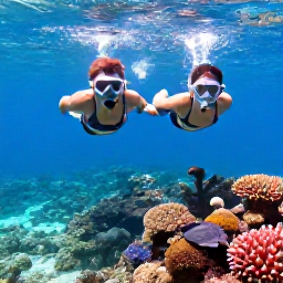 Caribbean Holidays, October Honeymoons, Newlywed couple snorkelling above colourful coral and tropical fish in clear Cayman Islands water