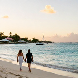 Caribbean Holidays, October Honeymoons, Newlywed couple walking along a quiet Caribbean beach at sunset on Saint Martin, warm October light and calm turquoise water