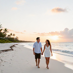Caribbean Holidays, October Honeymoons, Newlywed couple walking hand in hand along a quiet white-sand beach in the Bahamas at sunset