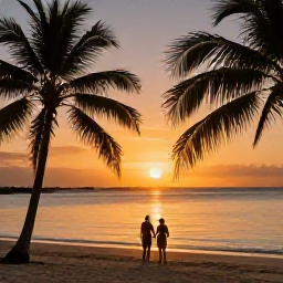 Caribbean Holidays, October Honeymoons, Newlywed couple watching the sunset from a Jamaican beach with palm silhouettes and calm Caribbean sea