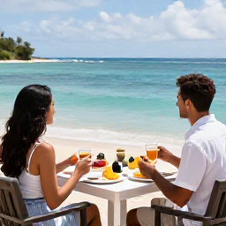 Caribbean Holidays, October Honeymoons, Romantic beachfront breakfast for two with fresh fruit and coffee, overlooking the calm Caribbean Sea on Nevis