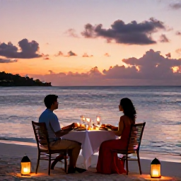 Caribbean Holidays, October Honeymoons, Romantic beachfront dinner for two in the Grenadines, lanterns, fresh seafood and sunset over the Caribbean Sea