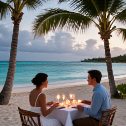 Caribbean Holidays, October Honeymoons, Romantic beachfront dinner for two with candles, palm trees and turquoise Bahamian water in the background
