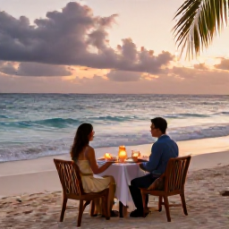 Caribbean Holidays, October Honeymoons, Romantic beachfront resort in Tobago with a couple dining privately beside the sea, candles, gentle waves and tropical evening light