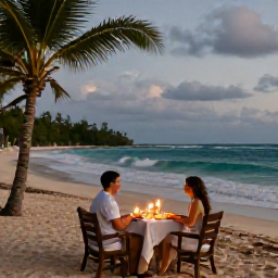 Caribbean Holidays, October Honeymoons, Romantic candlelit dinner for two on a Dominican Republic beach with gentle waves and palm trees