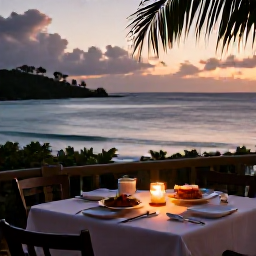 Caribbean Holidays, October Honeymoons, Romantic evening at a small Caribbean restaurant with candles, local food and sunset views in Saint Kitts and Nevis