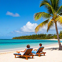 Caribbean Holidays, October Honeymoons, Romantic Grace Bay Beach scene in October with a couple relaxing on sun loungers beside clear turquoise water and palm trees