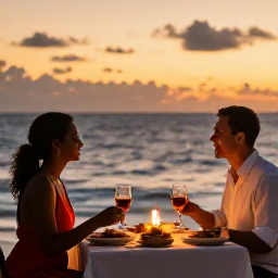 Caribbean Holidays, October Honeymoons, Romantic Jamaican seaside dinner for two with candles, local dishes and a warm evening sky