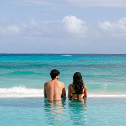 Caribbean Holidays, October Honeymoons, Romantic luxury resort in Punta Cana with a couple relaxing beside an infinity pool overlooking the Caribbean Sea