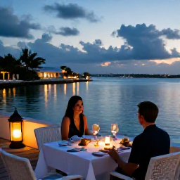 Caribbean Holidays, October Honeymoons, Romantic outdoor dinner for two at a Bermuda waterfront restaurant, with lanterns, calm blue water and an evening October sky