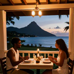 Caribbean Holidays, October Honeymoons, Romantic outdoor dinner for two at a small Caribbean restaurant in Montserrat, warm evening lighting and island views