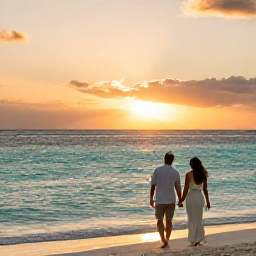 Caribbean Holidays, October Honeymoons, Romantic sunset over Seven Mile Beach in Grand Cayman, with a newlywed couple walking beside calm turquoise water