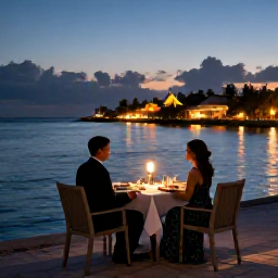 Caribbean Holidays, October Honeymoons, Romantic waterfront dinner for two at twilight in Grand Cayman, softly lit table and calm Caribbean sea