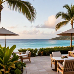 Caribbean Holidays, October Honeymoons, Stylish honeymoon hotel terrace overlooking the Caribbean Sea in Saint Barth&eacute;lemy, with tropical greenery and soft evening light