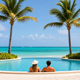 Caribbean Holidays, October Honeymoons, Tropical Jamaican resort with palm trees, turquoise sea and a couple relaxing beside a pool