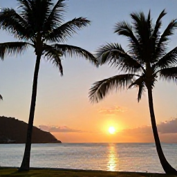 Caribbean Holidays, October Hotspots, Sunset over Rodney Bay in Saint Lucia with palm trees, calm sea and warm evening colours