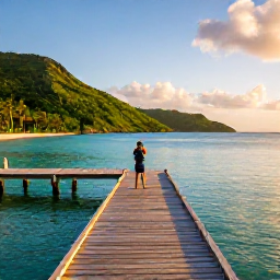 Caribbean Holidays, October Instagram Hotspots, A calm turquoise Caribbean lagoon with a wooden jetty, green hills and a person taking photographs at golden hour