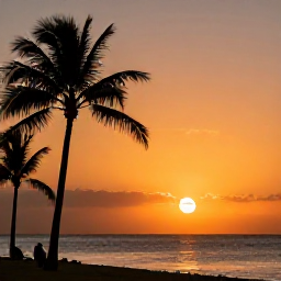 Caribbean Holidays, October Instagram Hotspots, A Caribbean sunset over calm sea with silhouetted palm trees, warm orange sky and a relaxed beach atmosphere