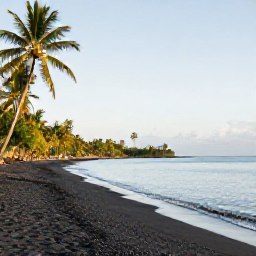 Caribbean Holidays, October Instagram Hotspots, Black volcanic sand beach at pump bay on Saint Kitts with calm sea, palms and October light
