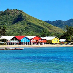Caribbean Holidays, October Instagram Hotspots, Colourful traditional houses and a calm coastal view in Charlotteville, Tobago, with green hills, fishing boats and clear blue water