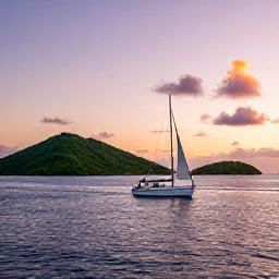Caribbean Holidays, October Instagram Hotspots, Golden-hour sailing scene around the British Virgin Islands, with a small boat passing green islands beneath a pastel October sky