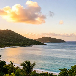 Caribbean Holidays, October Instagram Hotspots, Golden-hour view over Magens Bay, St Thomas, with calm turquoise water, green hills and a sandy beach
