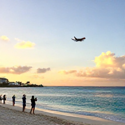 Caribbean Holidays, October Instagram Hotspots, Golden-hour view over Maho Beach in Sint Maarten, with a plane approaching above the turquoise Caribbean Sea and people taking photographs from the shoreline