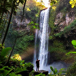 Caribbean Holidays, October Instagram Hotspots, Lush tropical rainforest and a tall Caribbean waterfall, with a visitor standing on a viewpoint under soft October sunlight