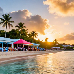 Caribbean Holidays, October Instagram Hotspots, Sunset at Grand Case beach in Saint Martin, with calm turquoise water, colourful beach restaurants, palm trees and diners enjoying the evening