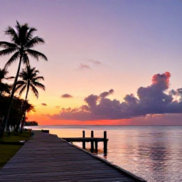 Caribbean Holidays, October Instagram Hotspots, Sunset over Pigeon Point in Tobago, with a wooden jetty, calm Caribbean water, palm trees and a colourful evening sky