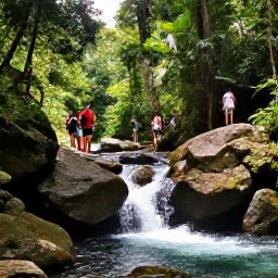 Caribbean Holidays, October Instagram Hotspots, Water rushing over smooth rocks at Argyle Waterfall in Tobago, surrounded by dense tropical forest and visitors walking on a shaded trail