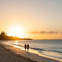 Caribbean Holidays, October Instagram Spots, Golden sunset over a quiet beach in Turks and Caicos with a couple walking beside the sea