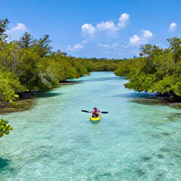 Caribbean Holidays, October Instagram Spots, Kayaker gliding through clear shallow water among mangroves in Chalk Sound National Park, Turks and Caicos
