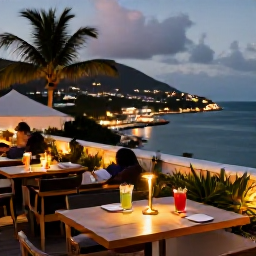 Caribbean Holidays, October Instagram Spots, Rooftop restaurant terrace overlooking Saint Barth&eacute;lemy, with tropical drinks, harbour lights and a warm evening atmosphere