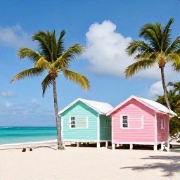 Caribbean Holidays, October Instagram Spots, Vibrant pastel beach huts and palm trees beside the turquoise sea on Providenciales, Turks and Caicos