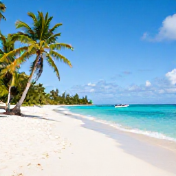Caribbean Holidays, October Instagram Spots, White sandy beach and turquoise sea at Princess Margaret Beach, Bequia, with palm trees and a small boat offshore