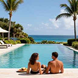 Caribbean Holidays, October Jamaica, Couple relaxing beside a quiet infinity pool at an adults-only Jamaican resort, tropical gardens and Caribbean sea in the background