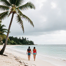 Caribbean Holidays, October Jamaica, Couple walking along a palm-fringed Jamaican beach after a light tropical shower, soft sunlight and calm turquoise water