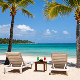 Caribbean Holidays, October Jamaica, Elegant adults-only beach resort in Jamaica with sun loungers, palm trees and two cocktails on a small table near the shoreline