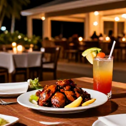 Caribbean Holidays, October Jamaica, Outdoor Jamaican restaurant serving jerk chicken, fresh tropical fruit and colourful cocktails beside a warmly lit adults-only resort